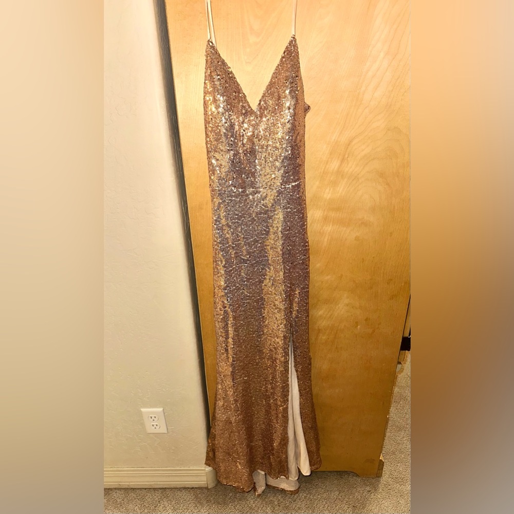 Gold/Champagne Sequined Gown/Prom Dress with Leg Slit
